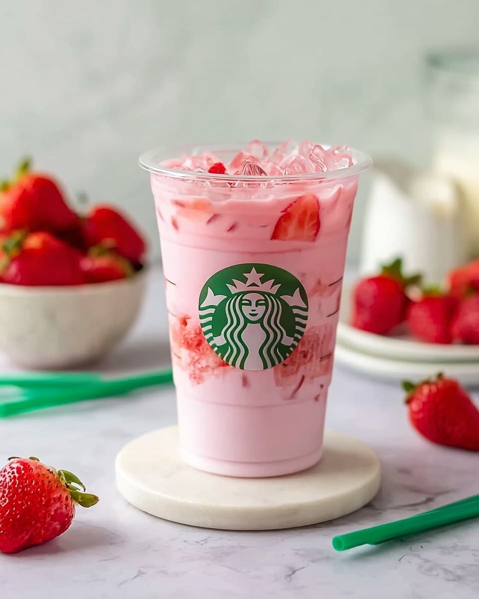 A clear plastic Starbucks cup filled with a pink iced drink made of two visible layers: a lighter pink creamy layer at the bottom and a slightly darker pink liquid layer on top with ice cubes and sliced strawberries floating inside. The cup is placed on a small round white marble coaster on a white marbled surface. Around the cup, there are fresh whole strawberries, a white bowl filled with strawberries in the background, and two green straws lying flat on the surface. Photo taken with an iphone --ar 4:5 --v 7