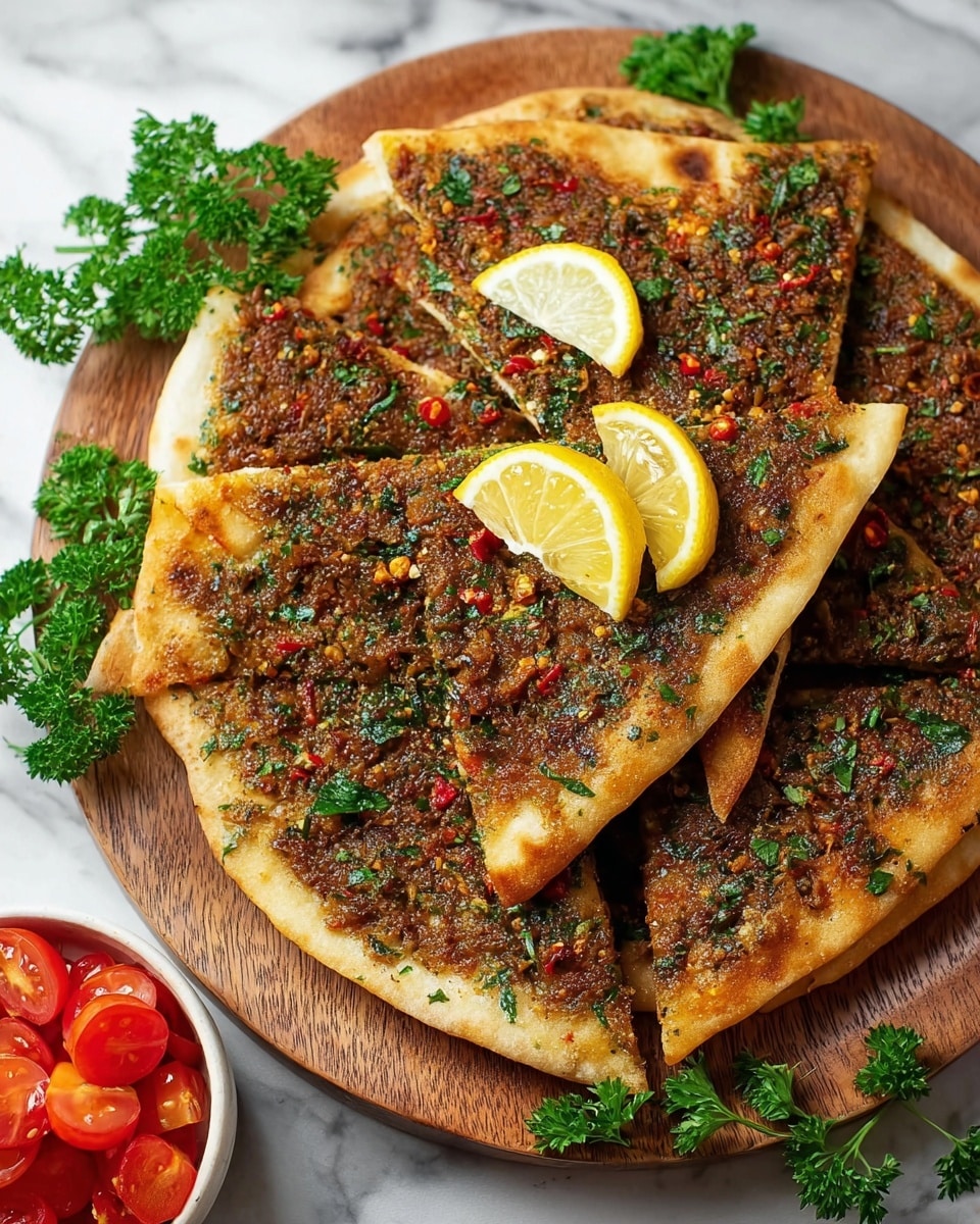 A round flatbread dish with three layers stacked on a wooden plate, each layer topped with a spread of minced, browned meat mixed with green herbs and small red chili flakes. The top layer is divided into triangular slices, some slightly overlapping each other. Bright yellow lemon wedges are placed on the flatbreads, adding pops of color. A slice of lemon rests on the topmost triangular piece. Fresh green parsley leaves are scattered over the dish, and a small white bowl filled with sliced red cherry tomatoes sits beside the plate. The setting is on a white marbled surface. Photo taken with an iphone --ar 4:5 --v 7