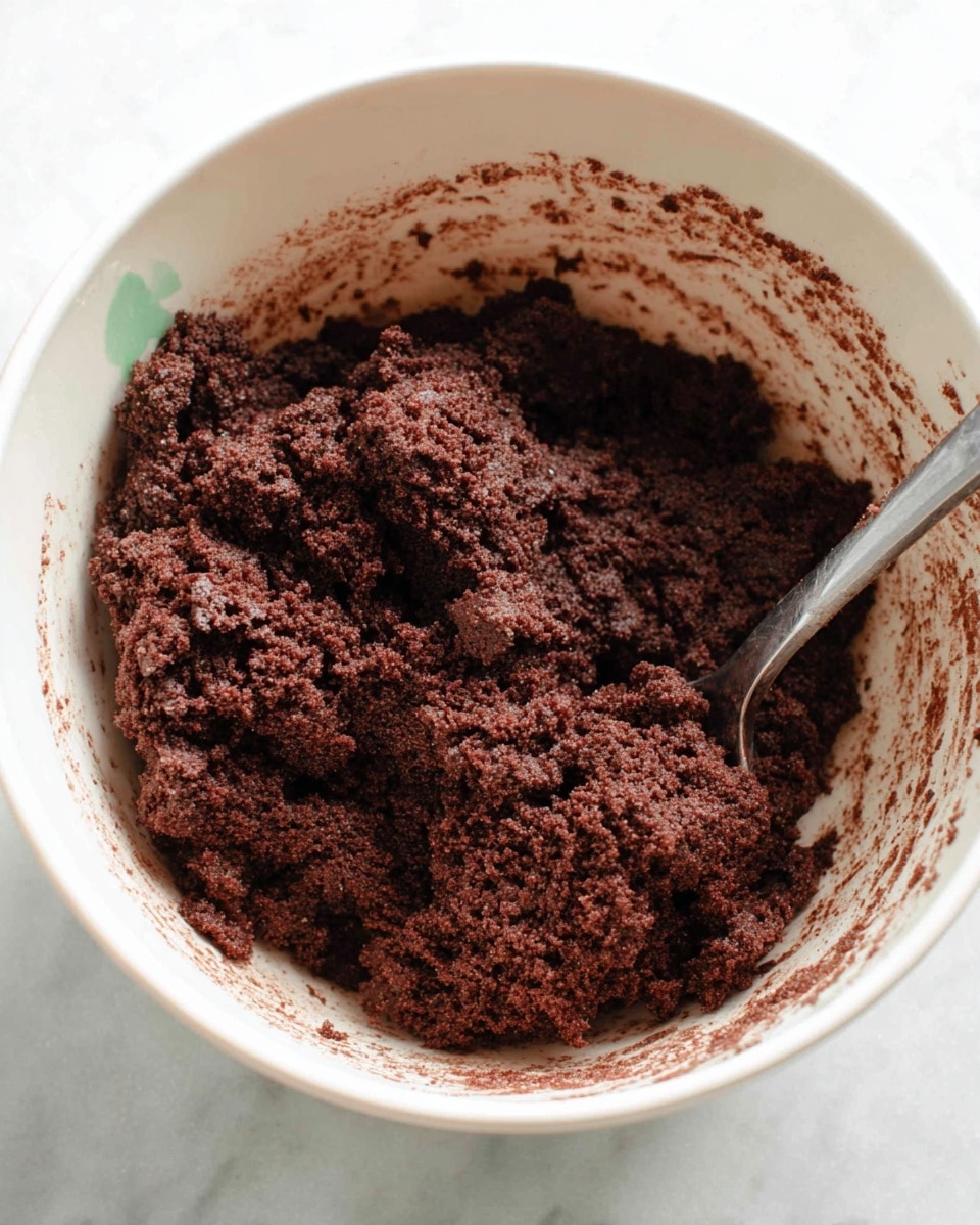 A white bowl filled with dark brown, crumbly, thick dough that looks moist and dense, with some loose bits around the edges. A metal spoon is partially immersed on the right side of the dough, showing some dough sticking to it. The inside of the bowl is splattered slightly with dough, and the texture appears coarse and grainy. The background is a white marbled surface. photo taken with an iphone --ar 4:5 --v 7