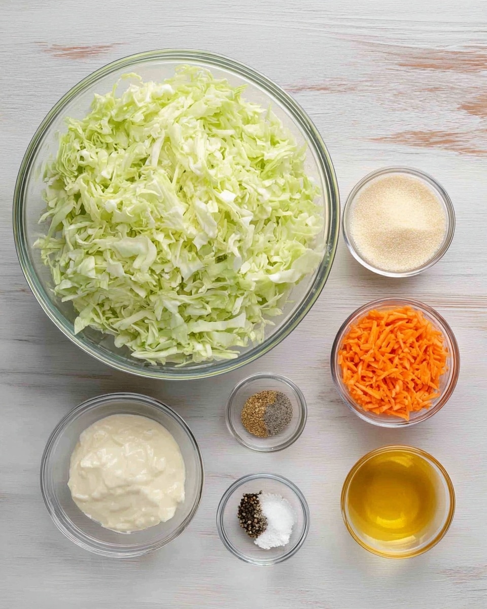A large clear glass bowl filled with finely shredded light green cabbage sits to the left on a white marbled surface. To the right, there are six small clear glass bowls arranged neatly, containing various ingredients: a creamy white mixture with a soft texture at the top left, a light beige powder at the top right, bright orange shredded carrots in the middle left, a light golden liquid in the middle right, a mix of black pepper and white salt at the bottom left, and a clear liquid at the bottom right. The setup is clean and organized, showing all the separate fresh ingredients before mixing, photo taken with an iphone --ar 4:5 --v 7
