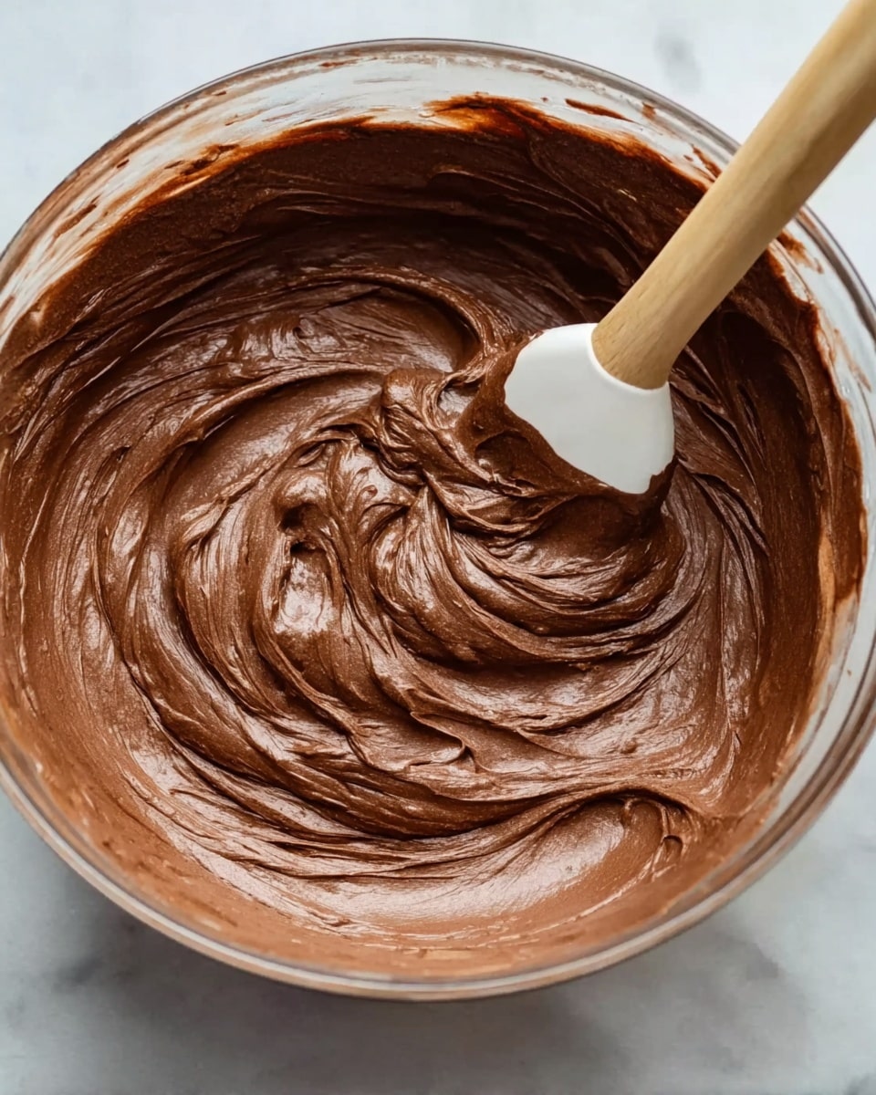A close-up view of a glass bowl filled with smooth, thick chocolate batter being mixed with a spatula that has a white silicone head and a light wooden handle. The batter is glossy and creamy, swirled in the center of the bowl with rich dark brown color showing different smooth textures and folds. The bowl sits on a white marbled surface. photo taken with an iphone --ar 4:5 --v 7