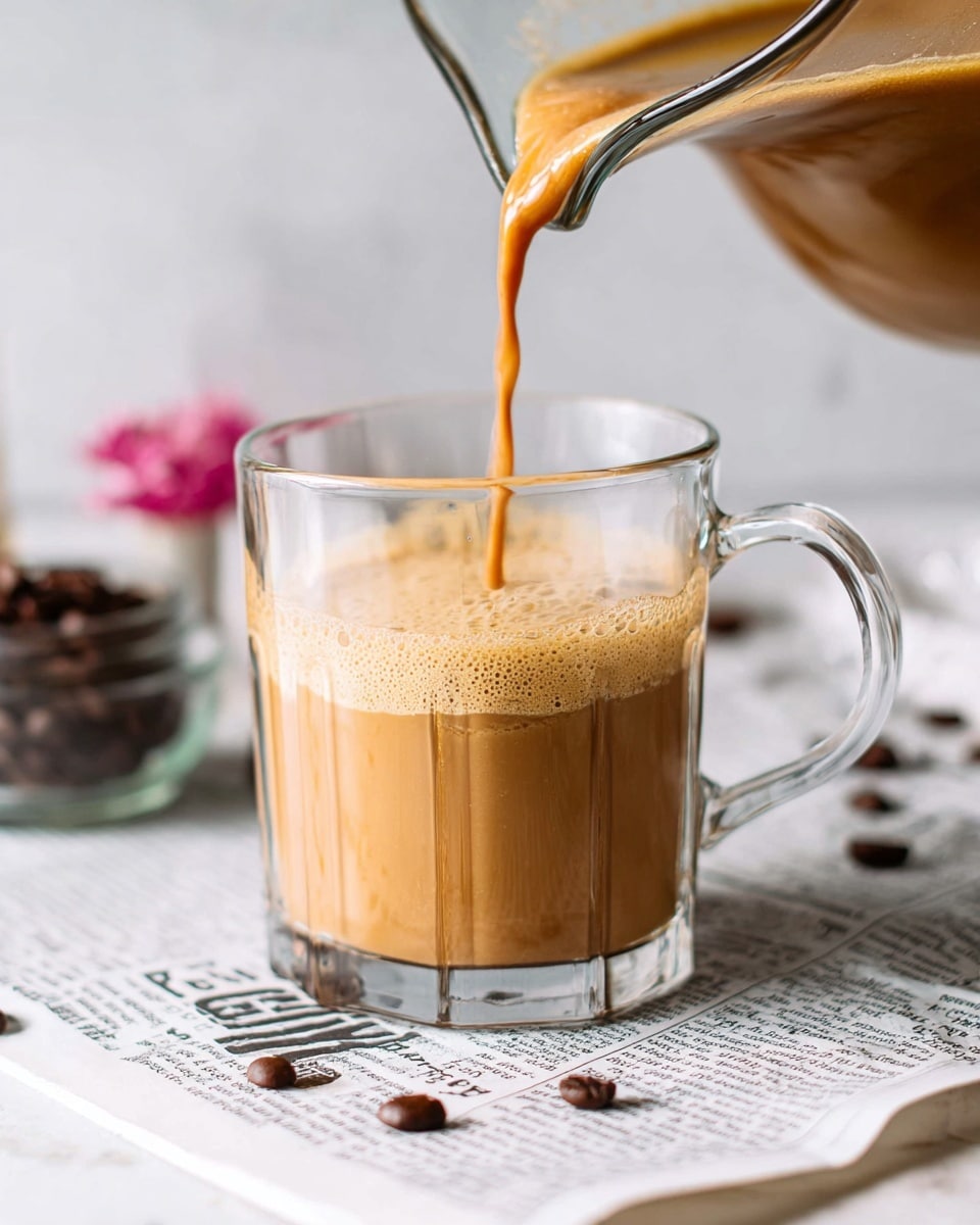 A clear glass mug on a white marbled surface with a newspaper underneath shows a drink being poured into it. The liquid is light brown with a creamy texture, forming a frothy layer on top as it fills the mug. The drink flows from a transparent pitcher positioned above the mug. Scattered coffee beans and blurred background elements add subtle decoration. Photo taken with an iphone --ar 4:5 --v 7