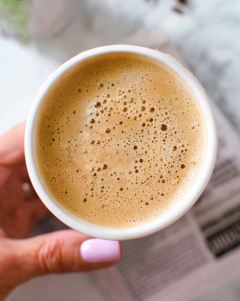 A close-up top view of a white cup filled with light brown frothy coffee, showing many small bubbles on the surface. A woman's hand with pale pink painted nails is holding the cup from the side. The cup is set against a blurred white marbled textured background with hints of a newspaper underneath. photo taken with an iphone --ar 4:5 --v 7