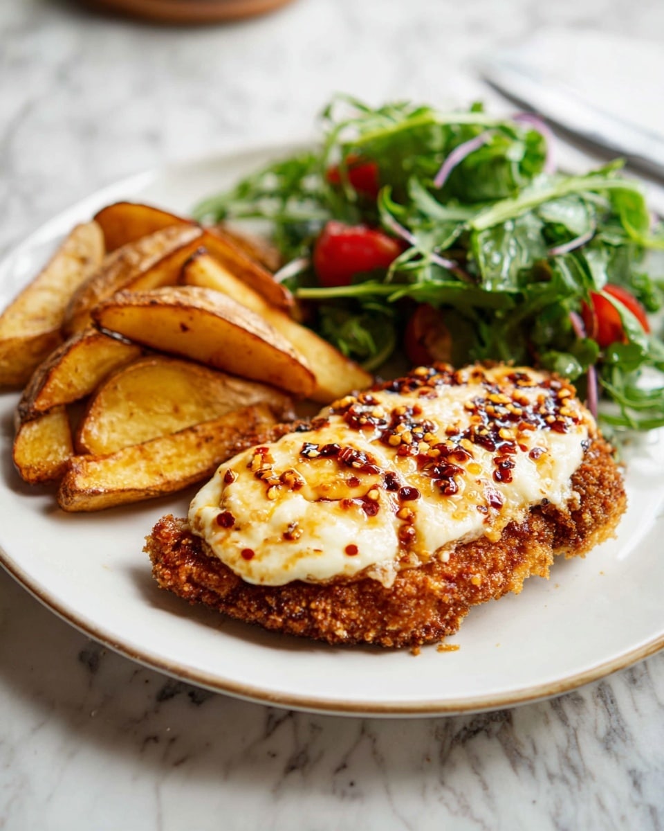 A white plate holds a meal with three main parts: on the right side, there is a golden brown breaded piece topped with a white, melted, slightly bubbly cheese layer that has some light brown spots and a drizzle of red oil with red spices on top; to the left, there are golden brown thick potato wedges with a crispy texture; in the back, a fresh green salad with bright green arugula leaves and small red tomato pieces adds color and contrast; all placed on a white marbled surface. Photo taken with an iphone --ar 4:5 --v 7