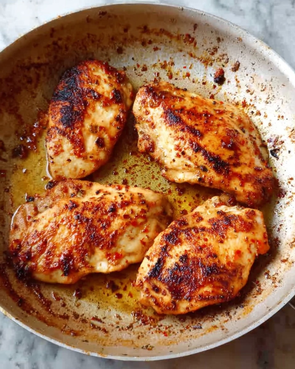 The image shows four pieces of cooked chicken in a round white pan with browned spots and small bits of seasoning on the chicken surface. Each chicken piece is golden brown with visible char marks and a slightly crispy texture. The pan has some darker brown areas from cooking juices and oil, and the background is a white marbled surface. Photo taken with an iphone --ar 4:5 --v 7