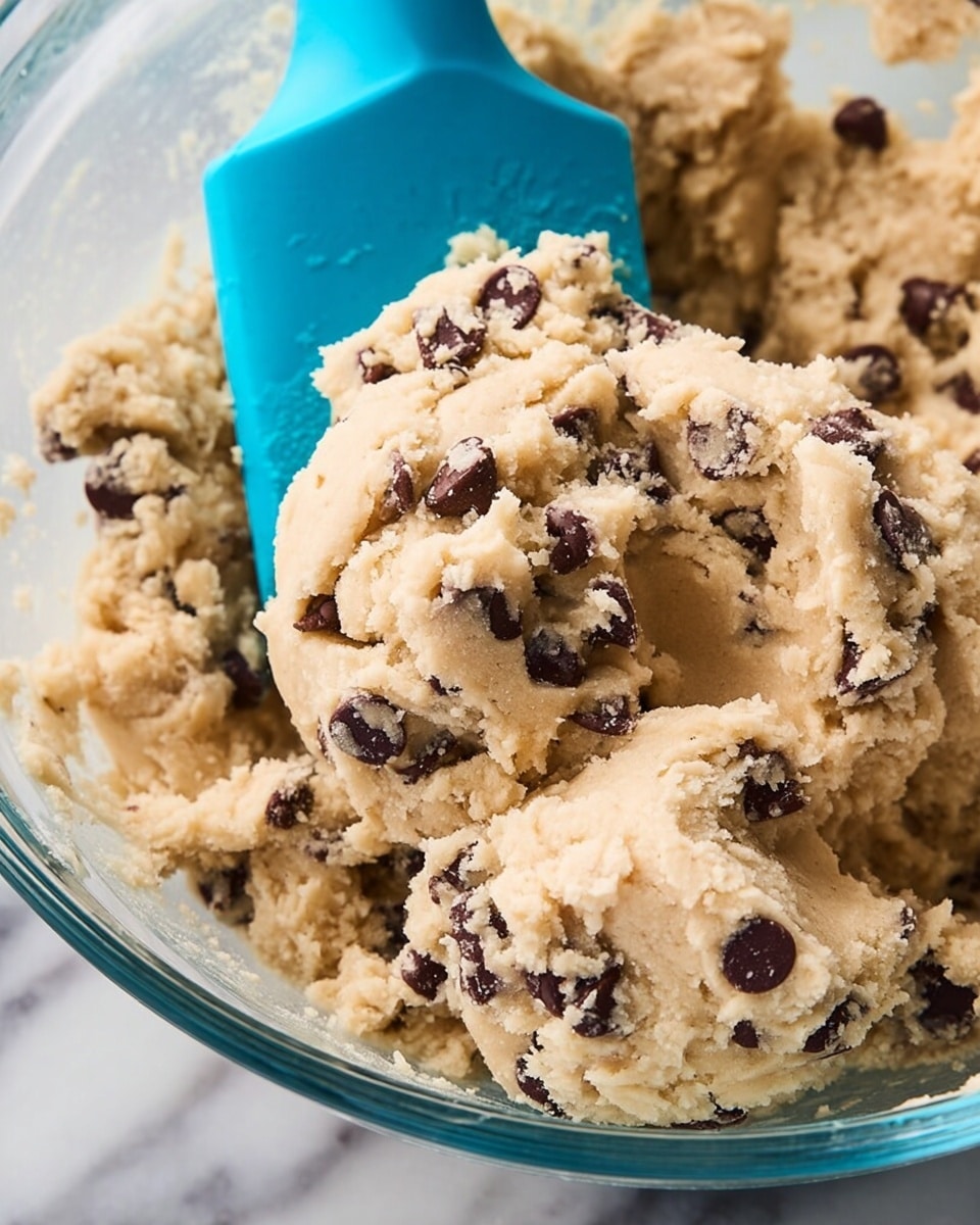 A close-up view of light beige cookie dough filled with small and large dark brown chocolate chips, all mixed together with a thick, slightly crumbly texture. A bright blue spatula is partially buried in the dough, angled from the top left corner into the bowl. The dough fills a clear glass bowl sitting on a white marbled surface. The image shows the dough in soft, uneven clumps with rich chocolate chips scattered throughout. photo taken with an iphone --ar 4:5 --v 7