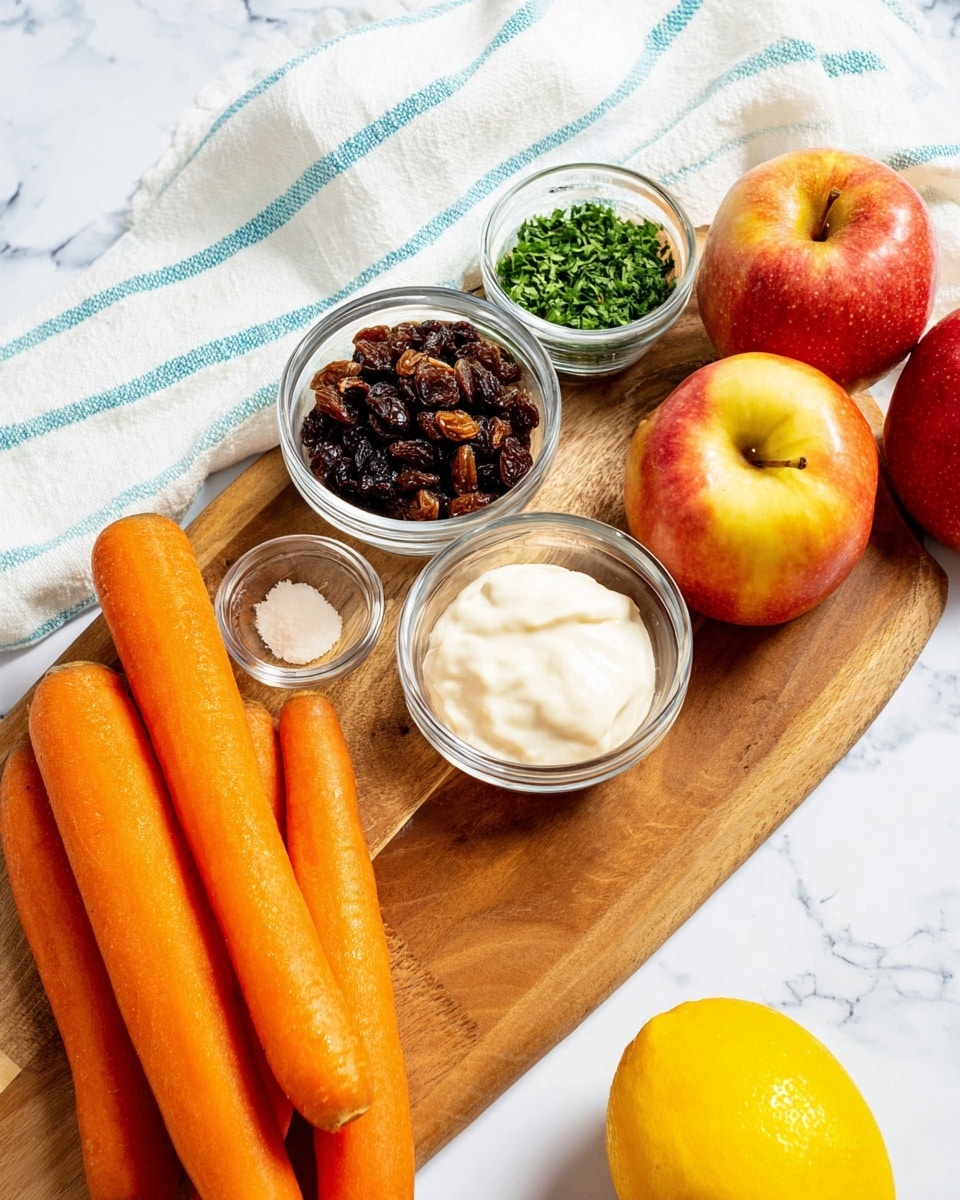 The image shows a wooden cutting board on a white marbled surface with a white cloth towel with blue stripes in the background. On the board, there are four small white or clear glass bowls arranged in a loose cluster; one bowl with dark brown raisins, another with chopped green herbs, one with white salt, and one with creamy white mayonnaise. On the board's edge and beside it, there are three large orange carrots and three red apples with yellow highlights. A yellow lemon is partly visible to the right of the board. photo taken with an iphone --ar 4:5 --v 7