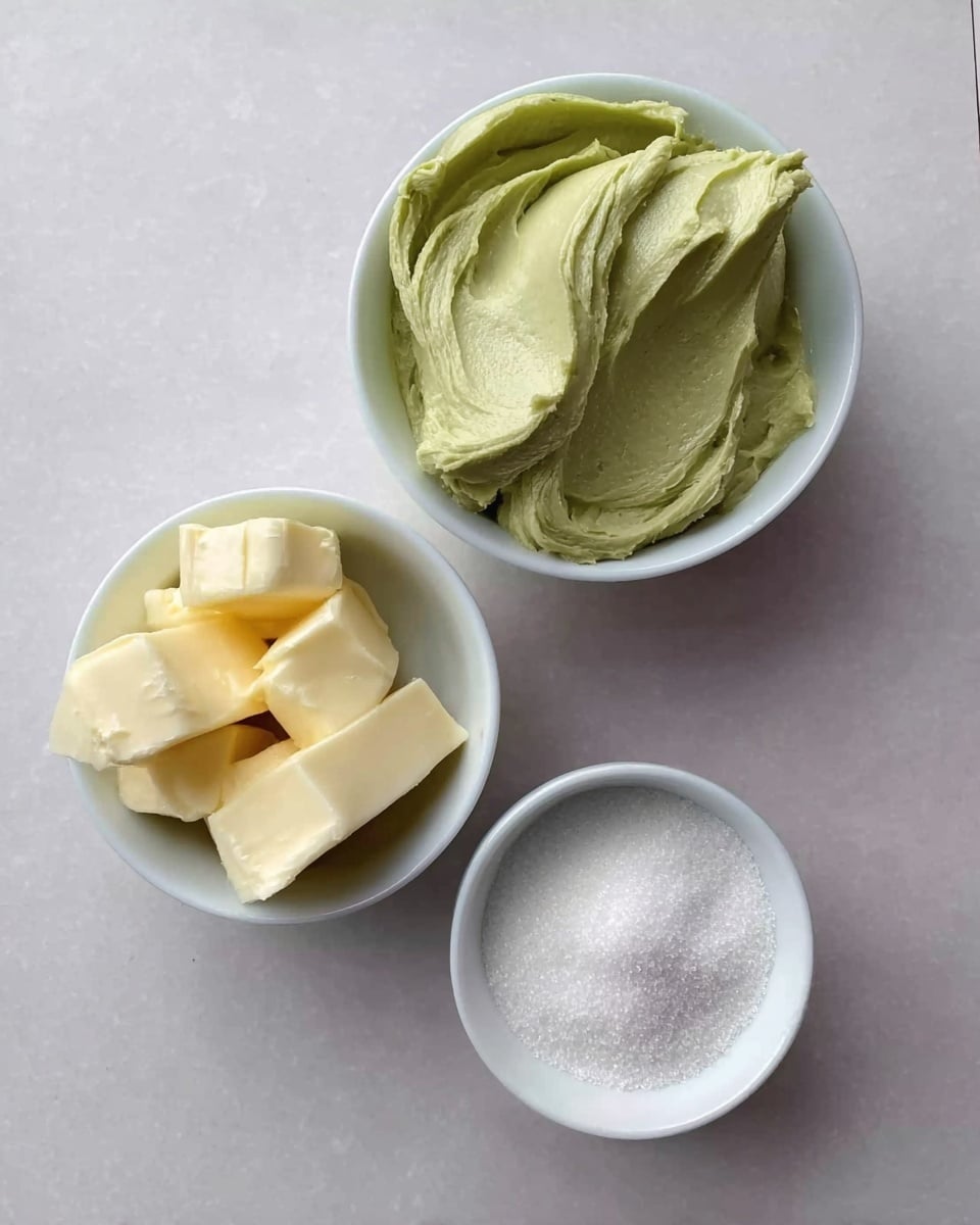 The image shows three small white bowls on a white marbled surface. The top bowl contains a thick, creamy green paste with smooth peaks and folds. The bottom left bowl holds several thick chunks of pale yellow butter. The bottom right bowl is filled with fine, white granulated sugar, forming a smooth mound. photo taken with an iphone --ar 4:5 --v 7