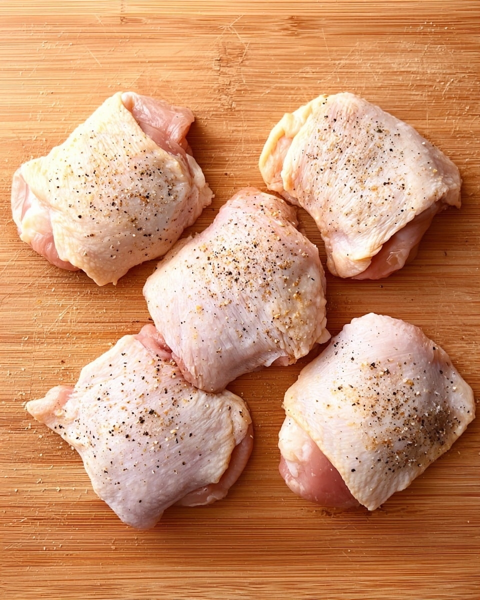 Five raw chicken thighs lie scattered on a light brown wooden cutting board with a natural grain texture. Each piece has pale pink skin with some white fat and seasoning of black pepper and salt sprinkled evenly on top. The chicken pieces are unevenly shaped and placed without stacking, showing their thick and meaty texture. The clean wood surface beneath adds warmth to the image. photo taken with an iphone --ar 4:5 --v 7