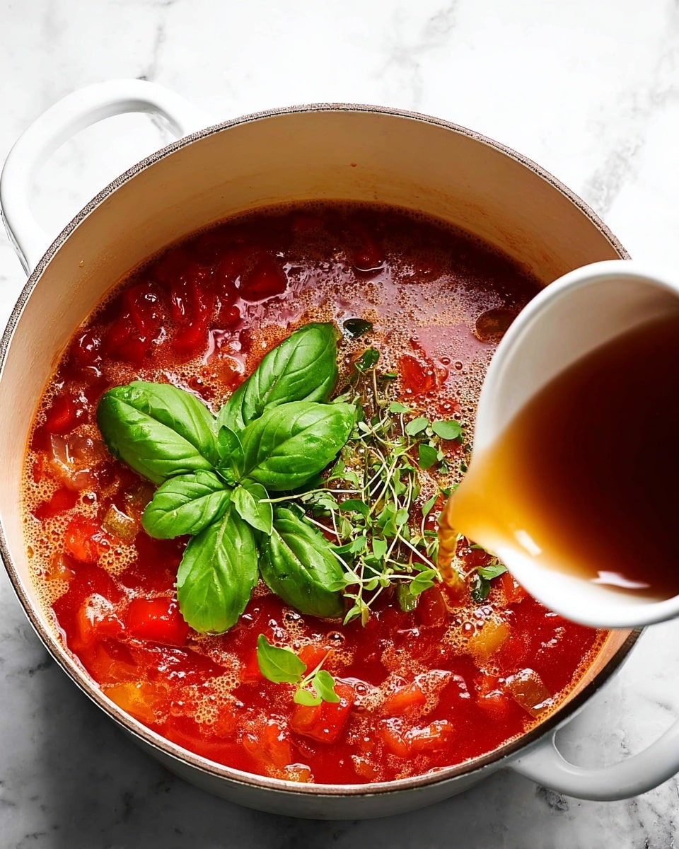A round white pot filled with a chunky red tomato sauce topped with large bright green basil leaves and small green herb sprigs in the center. Around the sauce inside the pot, diced red vegetables can be seen. A light brown liquid is being poured into the pot from a white cup held from the bottom center, with the liquid creating bubbles as it meets the sauce. The pot sits on a white marbled surface. Photo taken with an iphone --ar 4:5 --v 7