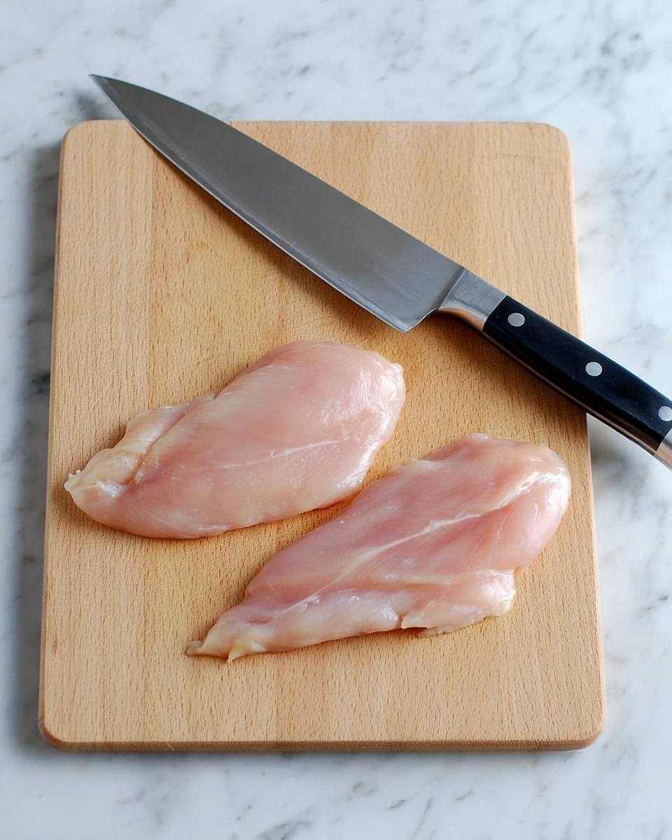 Two thin, pale pink chicken fillets lie flat on a light wooden cutting board with a smooth texture. Above them rests a large kitchen knife with a shiny silver blade and a black handle secured by three silver rivets. The cutting board is placed on a white marbled surface with subtle grey veins, creating a clean and bright background. photo taken with an iphone --ar 4:5 --v 7