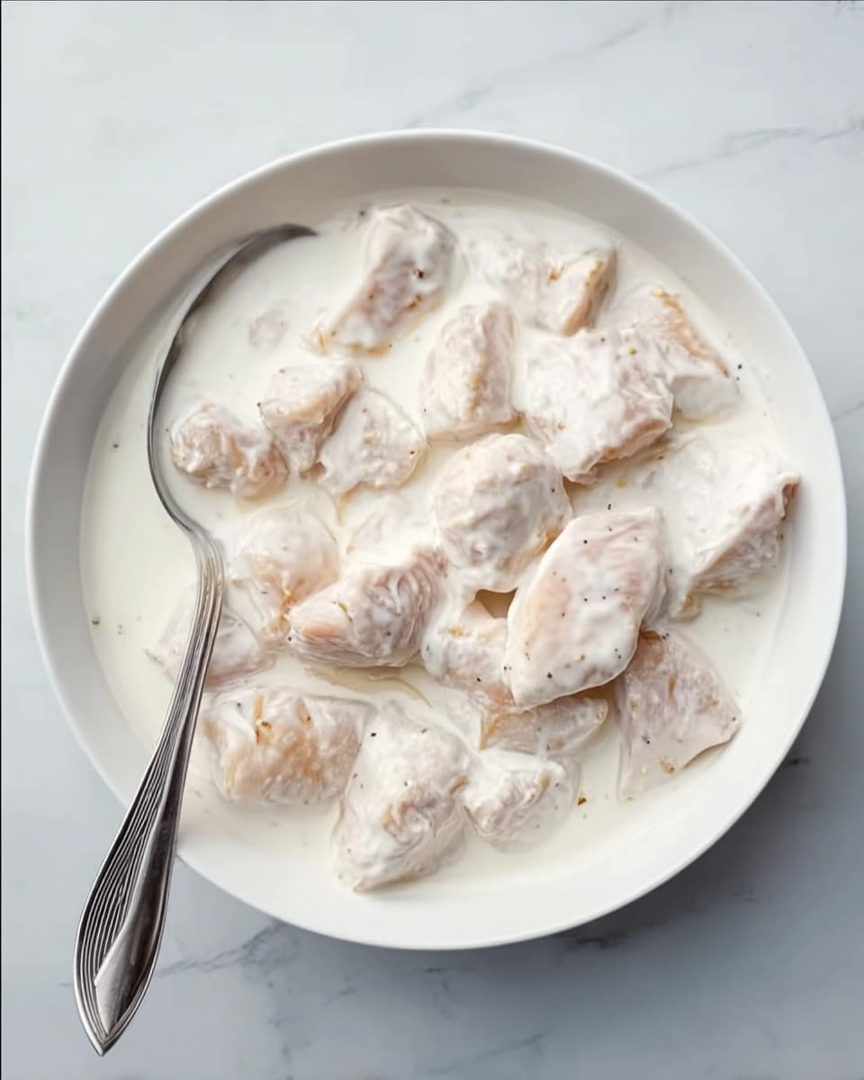 A white bowl filled with several pieces of raw chicken coated in a thick, white creamy sauce, with the chicken pieces scattered evenly and partially covered by the sauce, a silver spoon resting on the left side inside the bowl, placed on a white marbled surface photo taken with an iphone --ar 4:5 --v 7