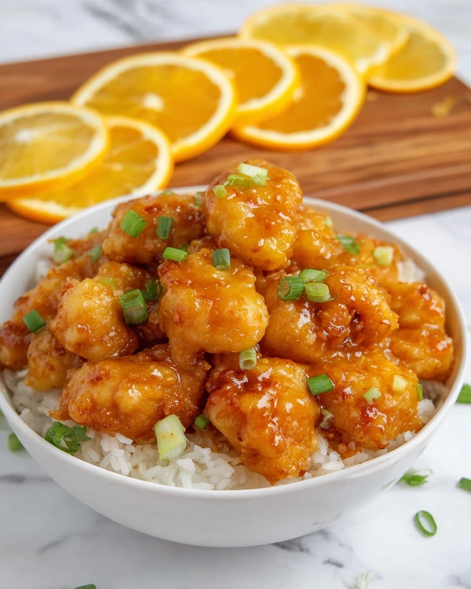 A white bowl filled with a base layer of white rice that has a soft, fluffy texture. On top, there is a thick layer of golden-brown pieces of fried chicken coated in a shiny, orange-colored sauce that looks sticky and smooth. Scattered over the chicken are small green onion slices adding a fresh green touch. Behind the bowl, on a wooden board, there are several lemon slices with bright yellow flesh and orange edges. The whole scene is set on a white marbled surface. Photo taken with an iphone --ar 4:5 --v 7