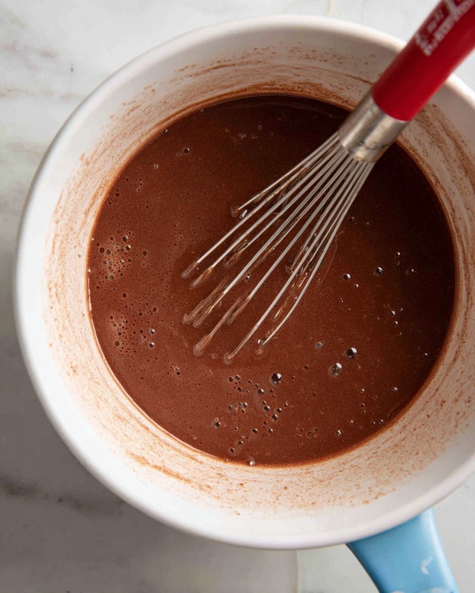 The image shows a close-up view of a white bowl filled with smooth, dark brown batter that has a few small bubbles on the surface. A metal whisk with a red and silver handle is partially submerged in the batter, resting inside the bowl. The batter clings lightly to the sides of the bowl, with some small splashes on the white marbled surface beneath it. Part of a blue handle or tool is visible near the bottom edge of the bowl. photo taken with an iphone --ar 4:5 --v 7