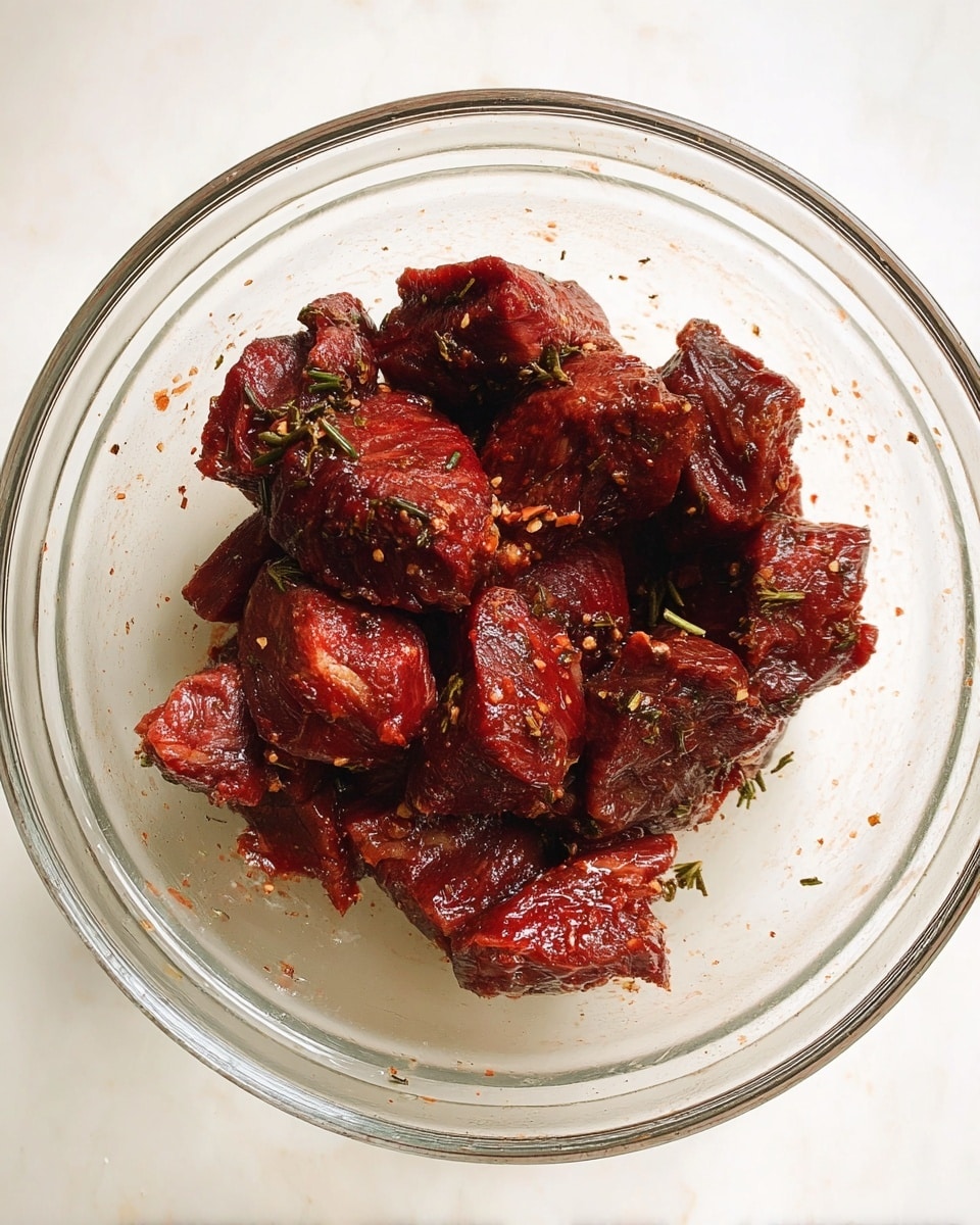 A clear glass bowl filled with several chunks of dark reddish-brown marinated meat piled in the center, each piece showing a slightly glossy texture with visible seasoning and herbs scattered on the surface. The bowl sits on a white marbled background. photo taken with an iphone --ar 4:5 --v 7