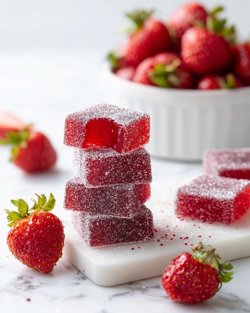 A close-up of a stack of five square red jelly candies covered with sugar crystals, each layer showing a slightly translucent texture with a sparkle from the sugar, placed on a white marble board, topped with a fresh bright red strawberry with its green stem curving upwards; next to the stack, there is a neat row of more sugar-coated red jelly candies resting on the same board, all set against a soft white marble texture background, photo taken with an iphone --ar 4:5 --v 7