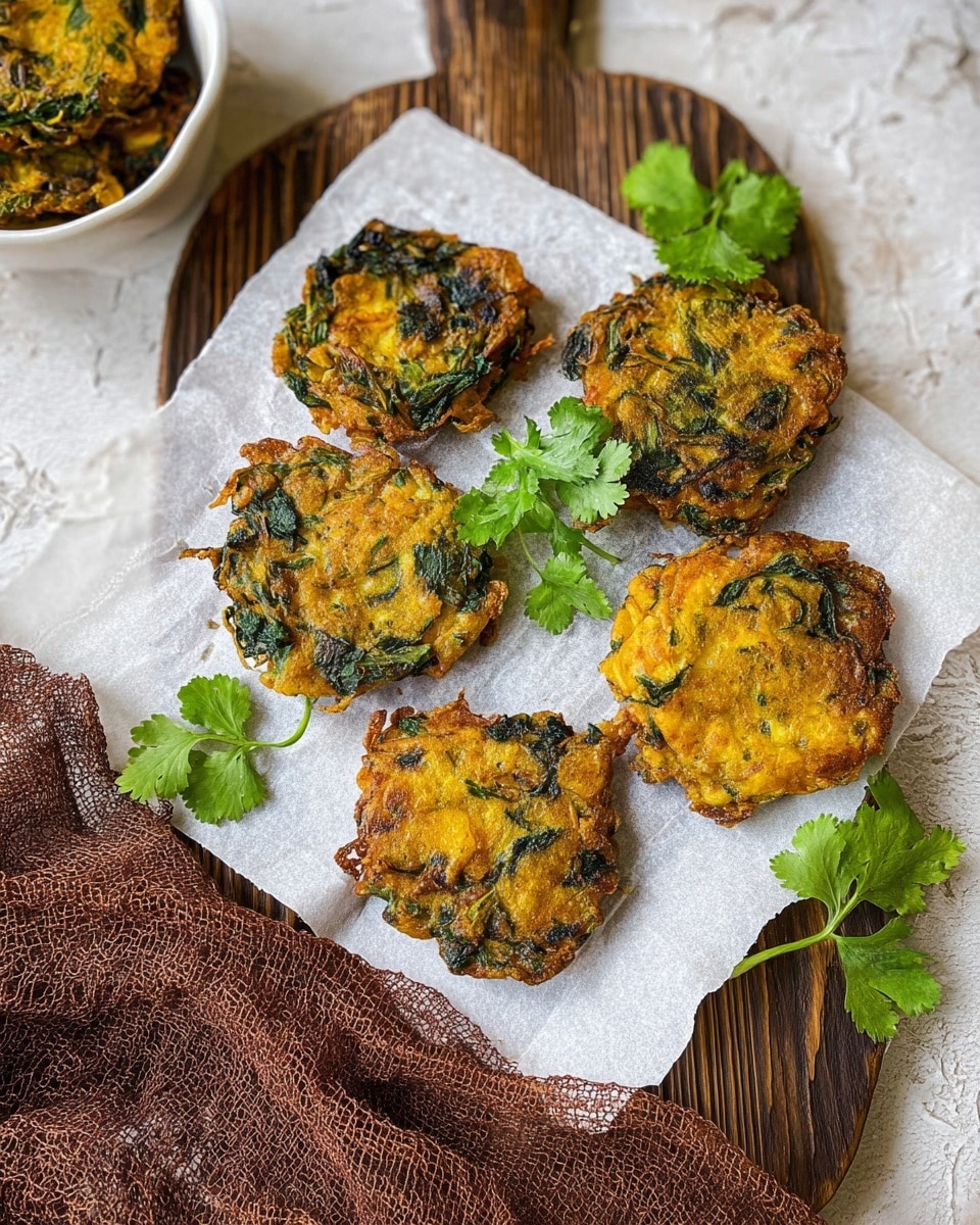 The image shows five fried vegetable fritters placed on a single layer of white parchment paper on a wooden board. Each fritter is unevenly round, golden brown with deep yellow and green patches from the cooked leafy vegetables within. Around the fritters, bright green fresh coriander leaves add a pop of color. A brown textured cloth is casually draped on the left bottom corner. Part of a white bowl with more fritters is seen at the top left corner. The whole setting is placed on a white marbled textured surface photo taken with an iphone --ar 4:5 --v 7