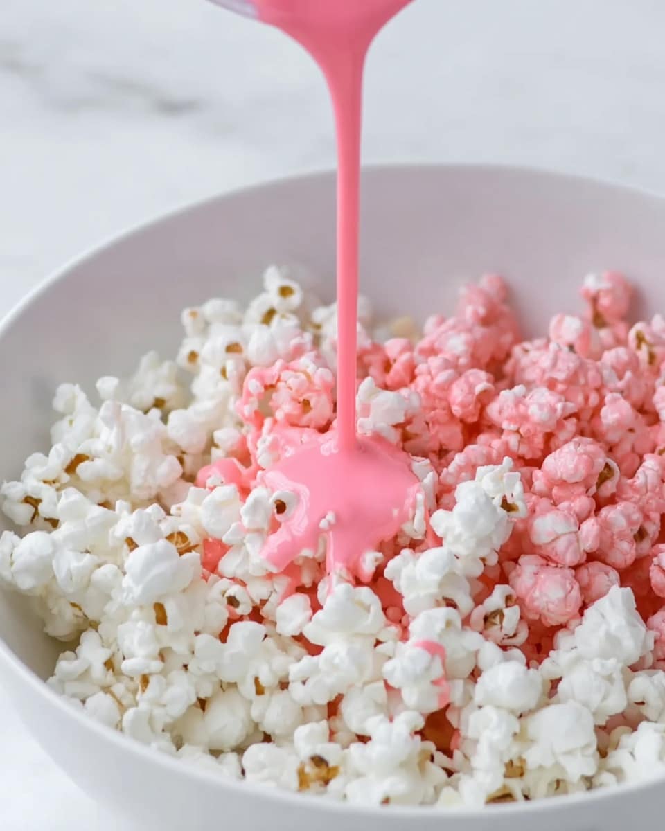 A close-up view of a white bowl filled with white popcorn, showing a second layer being created by pouring thick, bright pink liquid over the popcorn. The popcorn itself is fluffy and uneven, with some pieces still pure white and others starting to be coated in the pink liquid, which is shiny and smooth in texture. The image focuses on the pouring pink liquid and the mix of white and pink popcorn beneath it, all set on a white marbled surface. photo taken with an iphone --ar 4:5 --v 7