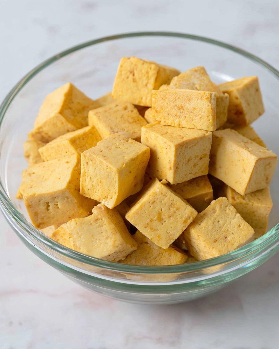 A clear glass bowl filled with many evenly cut, golden yellow tofu cubes. Each cube has a slightly crispy outer texture with smooth, slightly shiny surfaces and soft edges. The bowl is placed on a white marbled surface, creating a clean and bright setting. The tofu pieces are stacked loosely inside the bowl, showing varied angles of the cubes. photo taken with an iphone --ar 4:5 --v 7