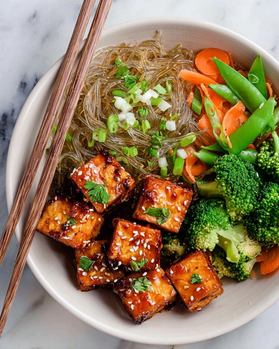 The dish is arranged in a white bowl with three main sections. On one side, there are several pieces of orange-brown glazed tofu cubes sprinkled with white sesame seeds and small green herb leaves. Next to the tofu, there is a portion of clear glass noodles mixed with chopped green onions and cilantro, giving a light green touch. On the opposite side, bright green broccoli florets and snap peas along with orange carrot slices add fresh, vibrant colors. Light brown wooden chopsticks rest on the edge of the bowl, which sits on a white marbled surface. Photo taken with an iphone --ar 4:5 --v 7