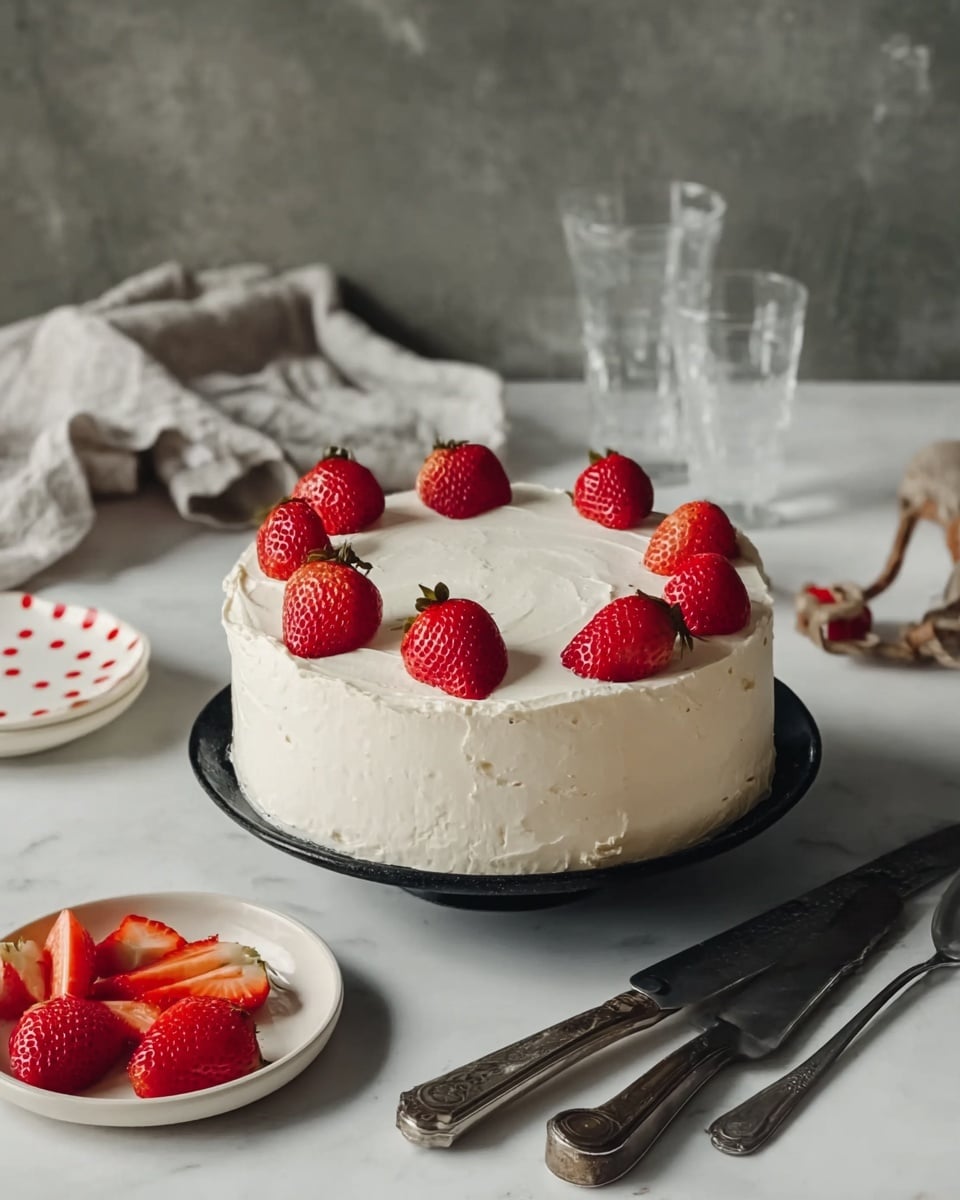 This image shows a cake with two layers covered in smooth white cream. On top, there are seven whole bright red strawberries spaced evenly around the edge. The cake sits on a black stand, which is on a white marbled surface. Around the cake, there is a small white plate with sliced strawberries, several tarnished silver spoons, a large knife on a white plate with red dots, and two clear glasses of water. A gray cloth is casually placed in the background. The overall scene is softly lit with a calm, natural look. photo taken with an iphone --ar 4:5 --v 7