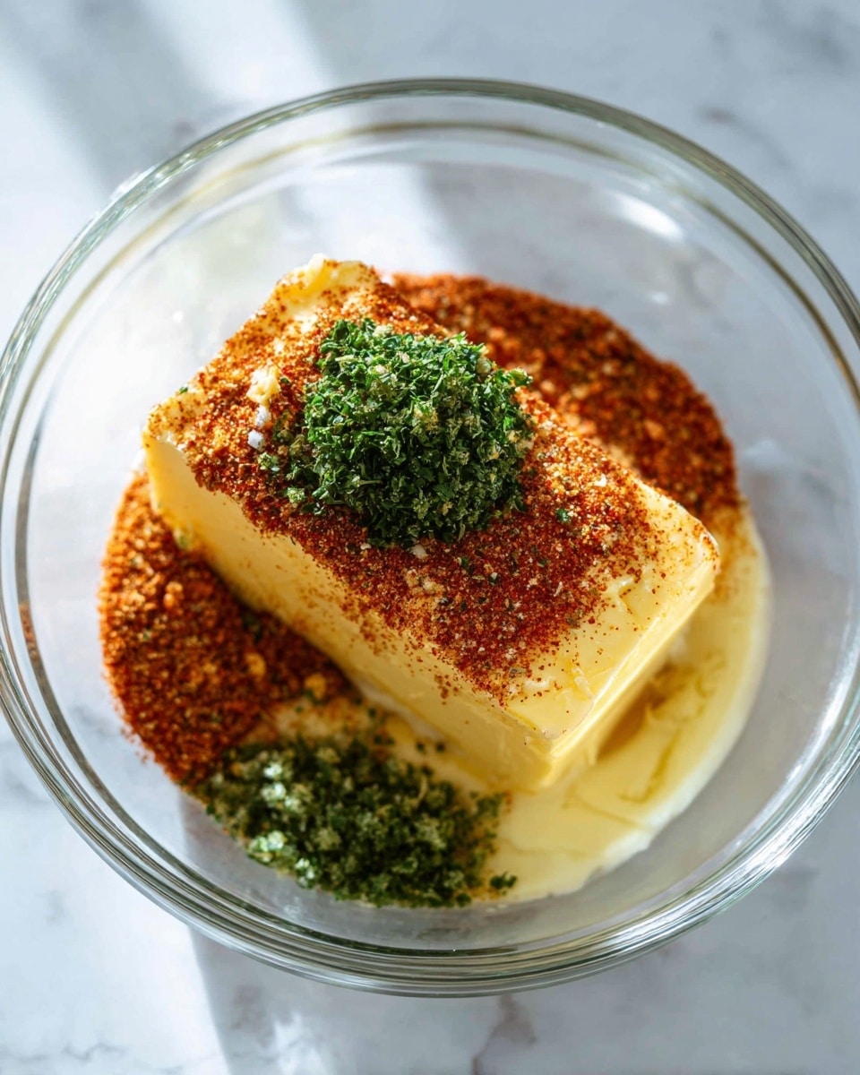 In a clear glass bowl on a white marbled surface, there is a thick yellow butter block lying flat. It is covered halfway with a red spice mix with visible flakes of herbs and grains of salt. On top of one end of the butter, there is a small green pile of finely chopped herbs. The spice mix also forms a ring around the butter inside the bowl. Bright natural light highlights the textures of the butter, herbs, and spices. Photo taken with an iphone --ar 4:5 --v 7