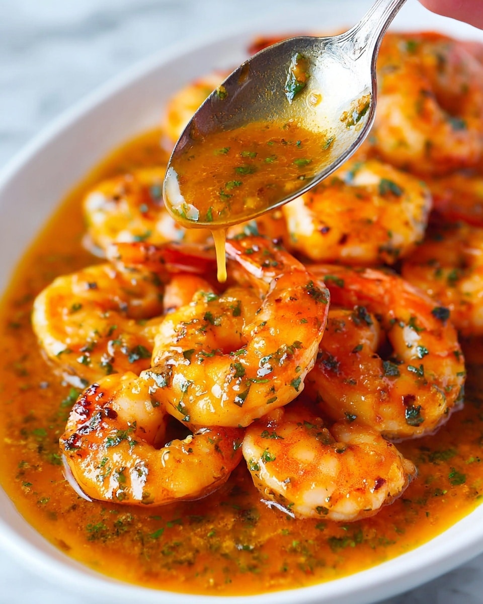 The image shows a close-up of cooked shrimp in a pan, all coated with a shiny, orange-colored sauce that looks slightly thick and smooth. The shrimp are plump and curled into a