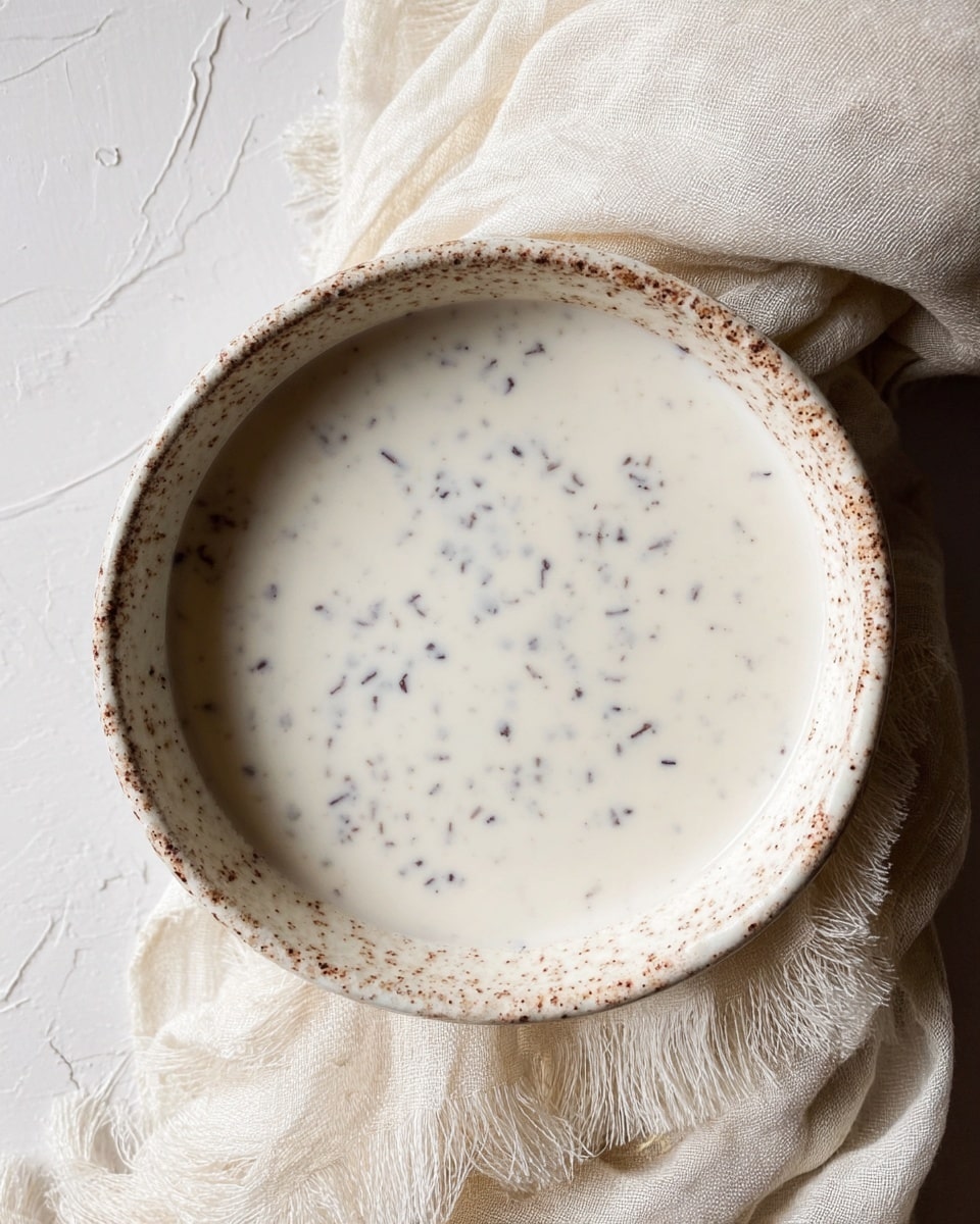 A close-up top view of a white bowl with brown speckles filled with a smooth, creamy white liquid that has small dark bits scattered throughout. The bowl rests on a soft, light beige cloth with a loose texture, placed on a surface with a white marbled texture. The photo taken with an iphone --ar 4:5 --v 7