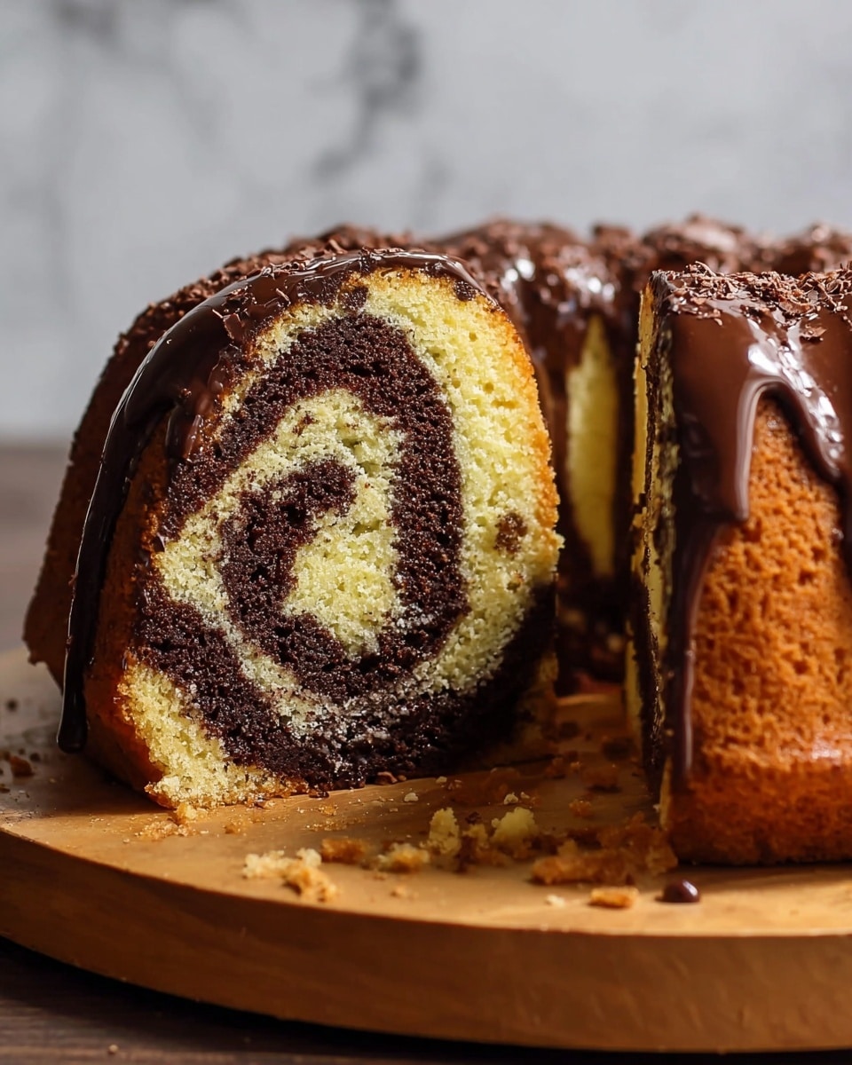 The image shows a sliced Bundt cake with two main layers inside: one light yellow and one dark brown, swirled together in a spiral pattern. The outside of the cake is golden brown and has a shiny dark brown chocolate glaze dripping over the top and sides. The cake is placed on a wooden round plate, with some crumbs scattered near the base. The background has a white marbled texture. photo taken with an iphone --ar 4:5 --v 7
