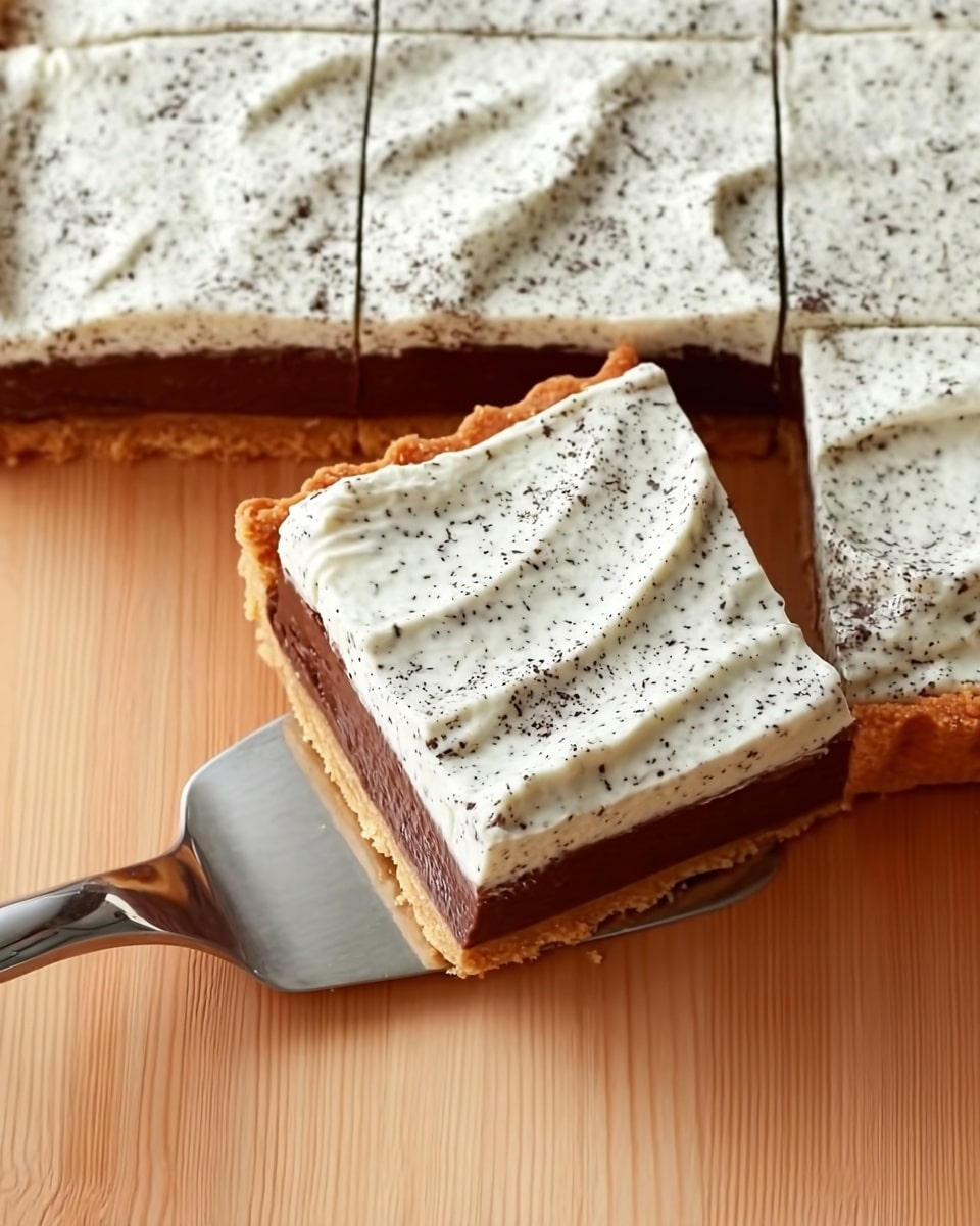This image shows a square tart with a visible crust layer that is golden brown and crisp. Above the crust, there is a smooth, dark chocolate layer, and on top of that is a thick cream layer with small black specks spread evenly, showing a soft and airy texture. A single square slice is lifted by a silver cake server, revealing the tart's layers clearly. The tart is placed on a light natural wooden surface with visible wood grain. photo taken with an iphone --ar 4:5 --v 7