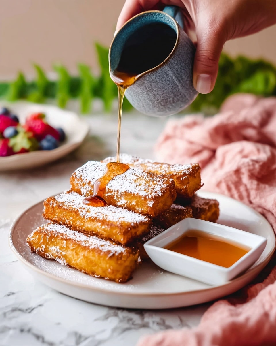 A white plate holds two layers of rectangular golden brown fried sticks, each layer with four sticks dusted lightly with white powdered sugar. On the right side of the plate is a small white square dish filled with amber syrup. A woman's hand pours syrup from a blue ceramic jug onto the sticks. The surface beneath is a white marbled texture, with a pink cloth napkin and a plate with berries and green plants blurred in the background. Photo taken with an iphone --ar 4:5 --v 7