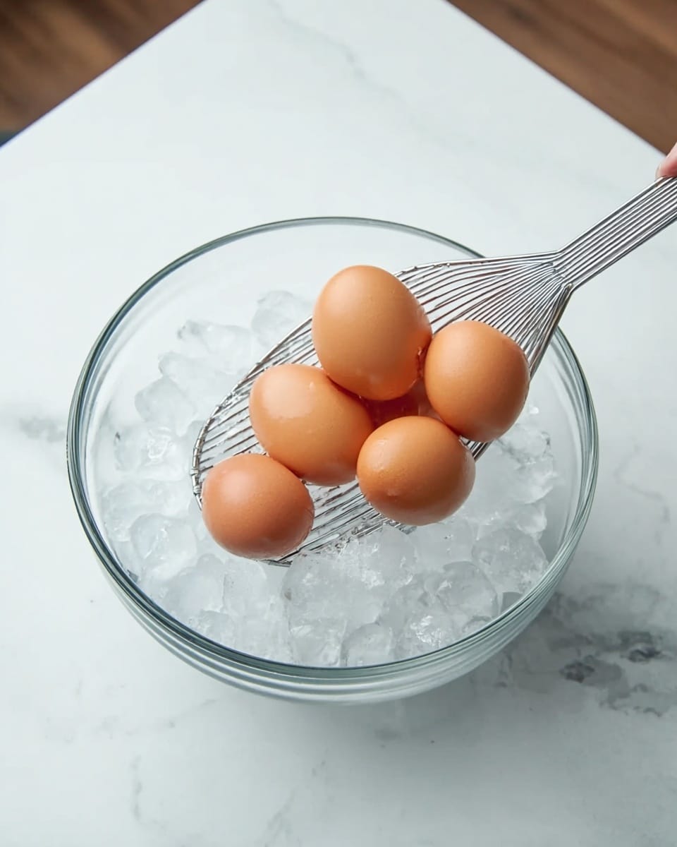 A clear glass bowl filled with ice cubes is placed on a white marbled surface. Above the bowl, a metal skimmer holds five brown eggs with smooth shells, slightly wet from being in the ice water. The metal skimmer has a long handle that is held by a woman's hand from the top. The focus is on the eggs and the ice, showing the cooling process. photo taken with an iphone --ar 4:5 --v 7