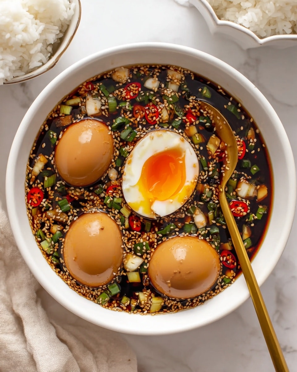 A white bowl filled with four whole brown eggs and one halved egg with a bright orange yolk in the center, all submerged in a dark soy sauce-based liquid sprinkled generously with light brown sesame seeds. Small green onion pieces and thin red chili slices float on top, along with small diced pieces of garlic or ginger, creating a mix of green, red, and beige colors against the dark sauce. A gold spoon rests inside the bowl on the right side. The bowl is placed on a white marbled texture, with parts of a white scalloped bowl of white rice and a light beige cloth visible near the edges. Photo taken with an iphone --ar 4:5 --v 7