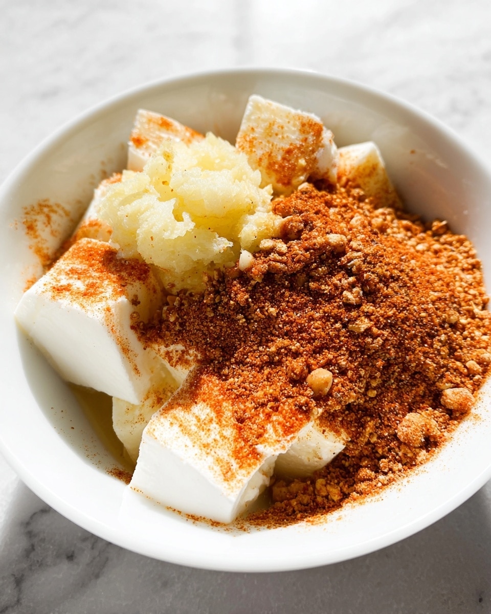 The image shows a close-up of a white bowl filled with three main layers: the bottom layer is a smooth, white cream, cut into chunks; the middle layer is a finely ground, reddish-brown spice blend sprinkled thickly over and around the cream pieces; the top layer includes a small portion of mashed, pale yellow garlic with some spice dust on and around it, giving texture and color contrast. The bowl sits on a white marbled surface, and the lighting brings out the colors and texture clearly. Photo taken with an iphone --ar 4:5 --v 7