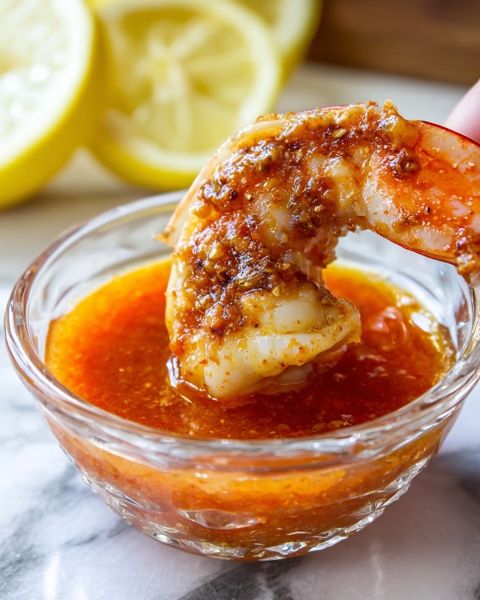 The image shows a close-up of a single cooked shrimp held by a woman's hand, dipped into a small clear glass bowl filled with bright orange sauce. The shrimp is coated with a brown, chunky seasoning, giving it a textured look. Behind the shrimp are blurred lemon slices adding a soft yellow detail. The bowl sits on a white marbled surface that adds a clean, fresh background to the vibrant colors of the shrimp and sauce. Photo taken with an iphone --ar 4:5 --v 7