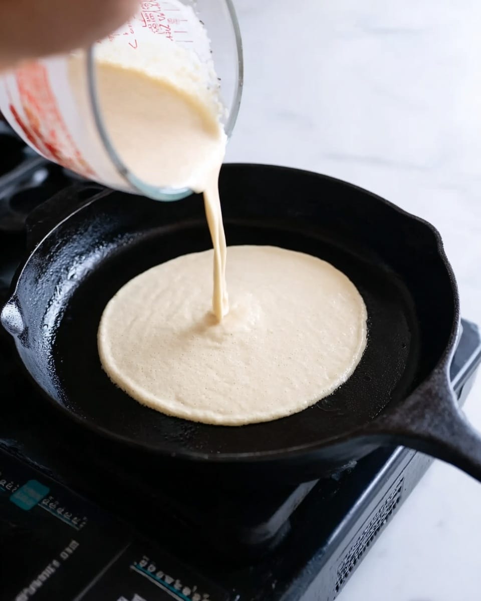 A close-up of a black cast iron pan on a white marbled surface showing a woman's hand pouring light beige pancake batter from a glass measuring cup into the center of the pan. The batter is smooth and slightly thick, forming a round shape as it spreads slowly on the hot surface. The stove controls and labels are slightly visible beside the pan. The scene is bright and focused on the batter pouring action. photo taken with an iphone --ar 4:5 --v 7