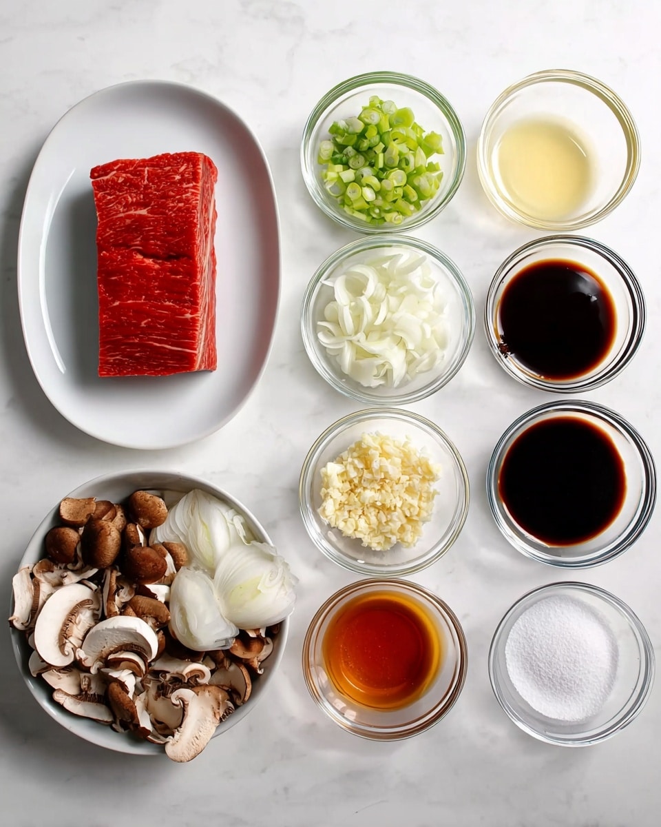 A flat white plate holds a raw rectangular piece of red meat on the left side of the image. Next to it on a white marbled surface are several small clear glass bowls arranged neatly in a grid. The top row has a bowl with green onion pieces, a bowl with a pale yellow liquid, a bowl with thick dark red sauce, and a bowl with granulated white sugar. Below that row, there is a bowl with white onion slices on the left, a bowl with reddish-brown liquid, a bowl filled with minced garlic, and another bowl with a golden-brown liquid. The third row includes a bowl full of brown and white sliced mushrooms on the left, a bowl with white powder, a bowl with a pale yellow liquid, and a bowl with light brown liquid. The last row has a small empty bowl or with water, a bowl with white powder, and a bowl filled with dark soy sauce. The whole set is placed on a bright white marbled texture. Photo taken with an iphone --ar 4:5 --v 7