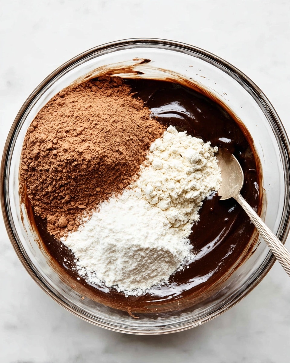 A clear glass bowl showing three layers of ingredients before mixing: the biggest layer is dark, smooth chocolate batter filling most of the bottom, with a mound of light brown cocoa powder on the left side, a smaller pile of white flour on the right side, and a tiny spot of white baking powder or salt between the two powders. A silver spoon rests inside the bowl on the upper right side. The bowl sits on a white marbled surface. photo taken with an iphone --ar 4:5 --v 7