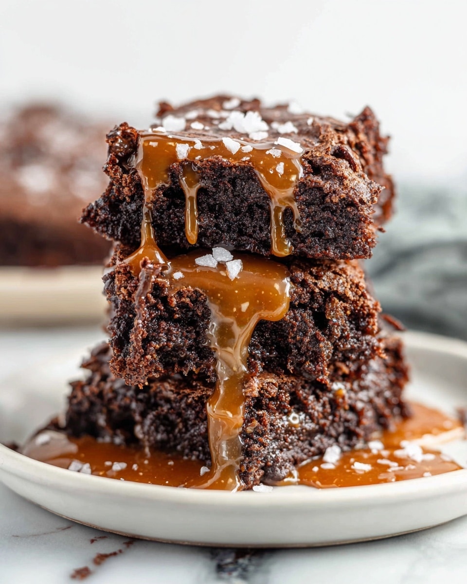 A stack of three dark brown brownies sits on a white plate, each brownie showing a rough and crumbly texture with a moist inside. A golden caramel sauce is drizzled across the top and sides, some of it dripping down the edges. Small white salt flakes are scattered on top of the caramel and the plate. The plate rests on a white marbled surface with a blurred background. Photo taken with an iphone --ar 4:5 --v 7