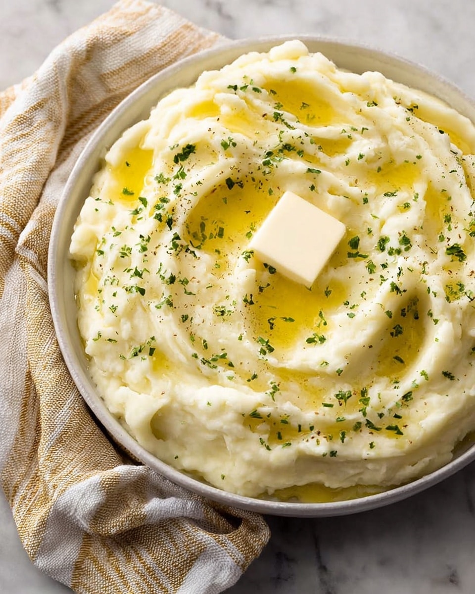 A white bowl filled with creamy mashed potatoes that show soft, fluffy texture with swirled peaks. On the top, there are small pools of melted golden-yellow butter along with a solid square piece of butter melting into the mash. Green parsley flakes are lightly sprinkled over the surface for color contrast. The bowl is placed on a white marbled surface with a beige and white striped cloth nearby. Photo taken with an iphone --ar 4:5 --v 7