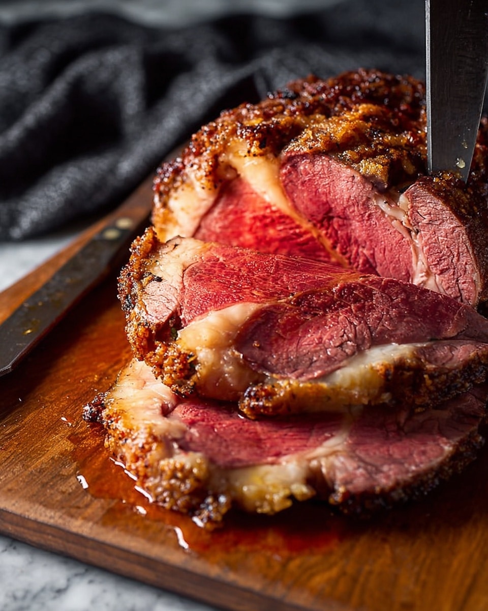 A close-up image of a thick cooked meat roast with a crispy brown outer layer and a pinkish-red juicy inside being sliced by a large knife, showing two visible slices with a textured golden-brown crust on top and a soft tender red inside resting on a wooden board with meat juices pooling around. The background has a dark cloth and the surface is a white marbled texture photo taken with an iphone --ar 4:5 --v 7