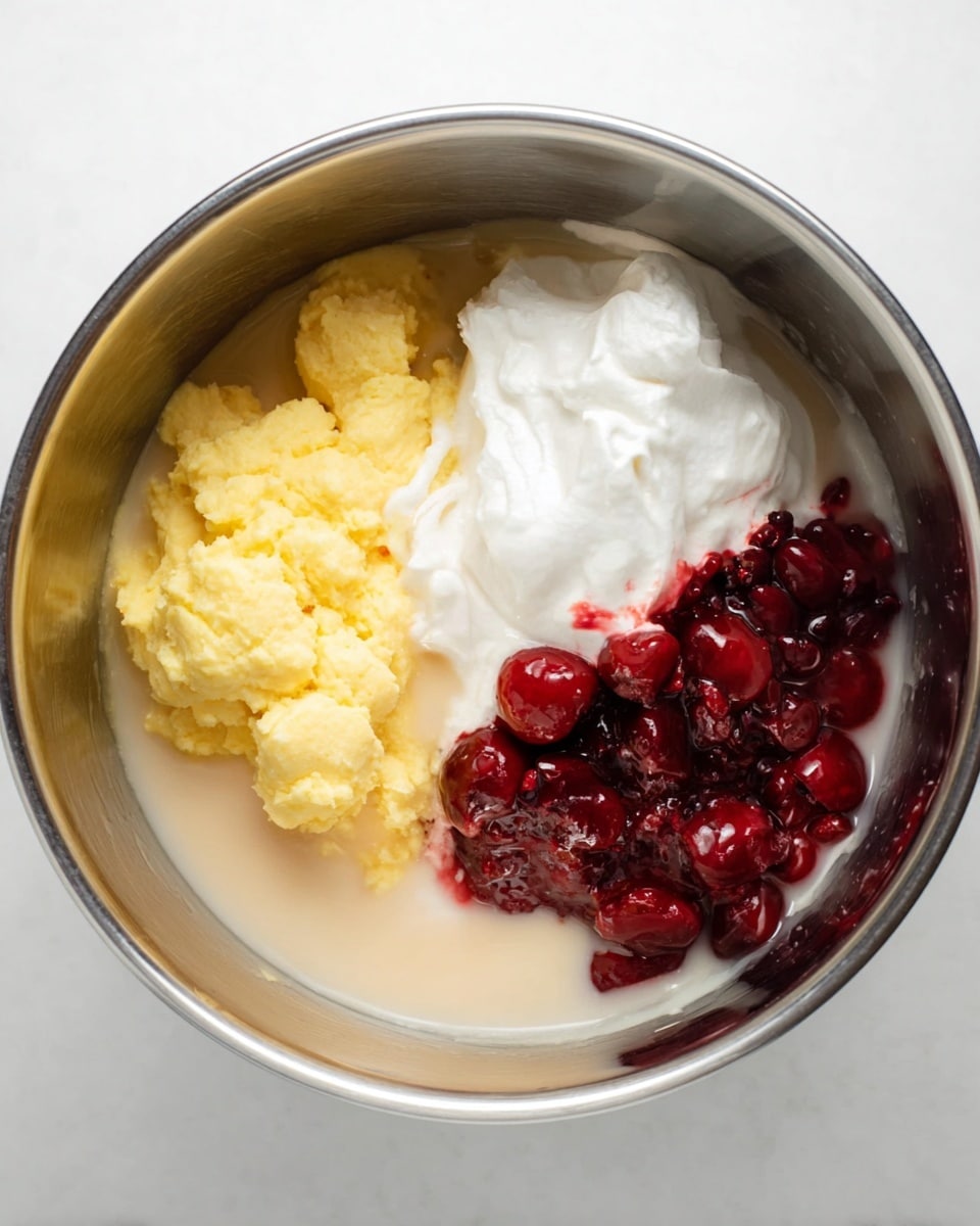 A round silver metal bowl holds four distinct layers of ingredients, each occupying a separate section inside it. One side has a yellow mashed mixture with a soft and chunky texture. Next to it is a thick, white, fluffy layer resembling whipped cream. Beside that sits a deep red mixture filled with shiny whole cherries covered in a syrupy liquid. The last section contains a smooth, light cream-colored liquid that partially covers the cherries and whipped layer. The bowl rests on a white marbled surface. photo taken with an iphone --ar 4:5 --v 7