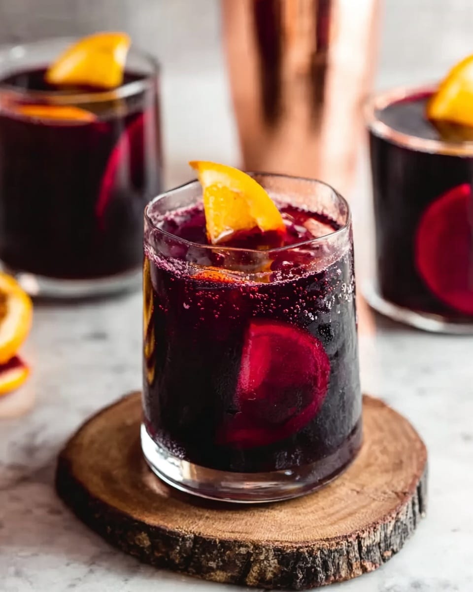 The image shows a clear glass filled with dark purple-red liquid, with slices of orange and lemon floating inside and resting near the glass walls. The drink has a shiny surface with small bubbles visible, topped with a bright orange wedge placed on the rim. The glass sits on a round piece of rough wood, which contrasts with the white marbled surface underneath. In the background, two more similar glasses filled with the same drink can be seen, slightly out of focus, along with a copper shaker adding a warm glow to the scene. Photo taken with an iphone --ar 4:5 --v 7