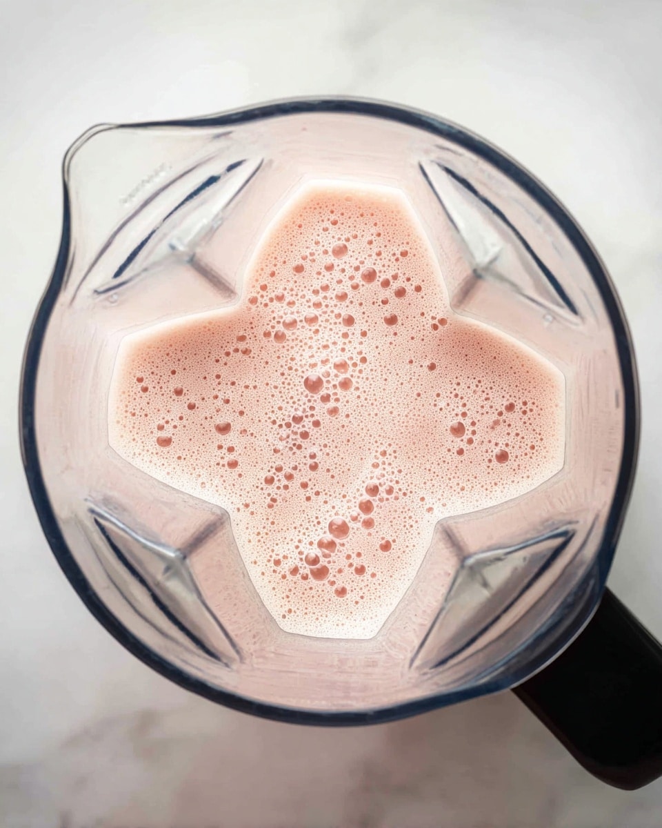 A close-up top view of a clear blender jar filled halfway with a light pink frothy liquid, showing many small bubbles on the surface, sitting on a white marbled surface. The blender has a black handle visible on the right side and triangular shapes inside the jar edges that create the blender’s blending blades housing. The liquid appears smooth and creamy with uniform pink shading throughout. Photo taken with an iphone --ar 4:5 --v 7