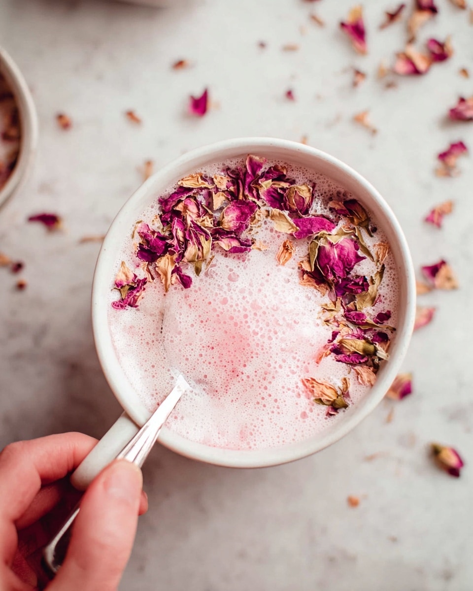 A white cup filled with a light pink frothy drink, with a ring of dried rose petals in shades of deep pink and beige floating on the surface near the edge. The drink’s foam covers the center, with some pink color blending into the drink. A woman's hand is holding a spoon gently reaching into the cup. The background shows a white marbled texture with scattered rose petals, and the overall image is bright and soft in tone. Photo taken with an iphone --ar 4:5 --v 7