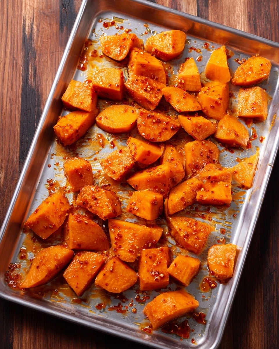 The image shows a silver baking tray filled with thick, uneven chunks of bright orange sweet potatoes coated in a reddish-orange sauce with small visible spices and bits, scattered loosely across the tray. The tray sits on a dark wooden surface with some sauce splashes visible around the edges. The sweet potatoes have a soft texture and shiny, sticky coating from the sauce. photo taken with an iphone --ar 4:5 --v 7