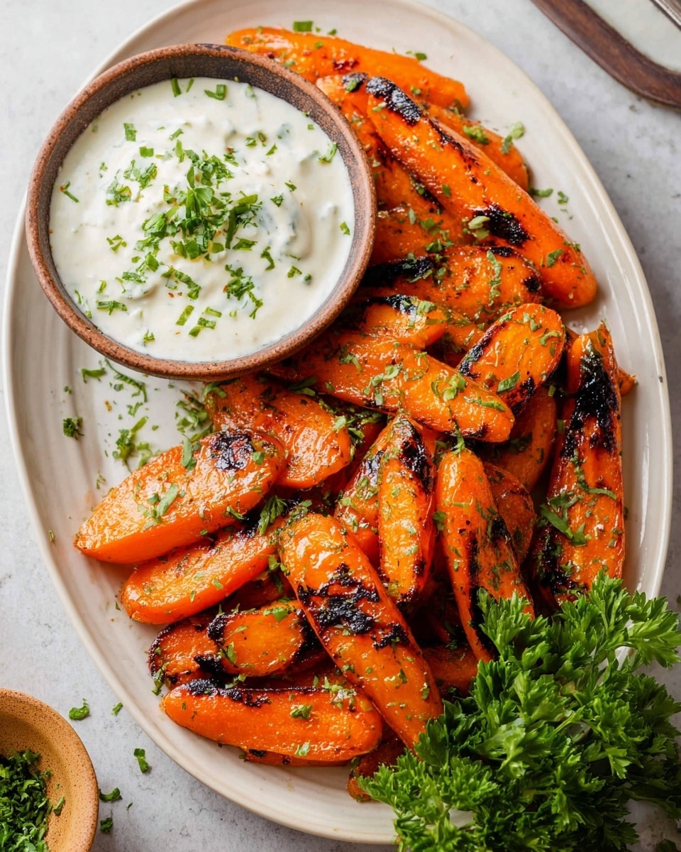 The image shows a white oval plate on a white marbled surface, filled mostly with slices of cooked orange carrots that have charred black grill marks and are sprinkled with green chopped herbs. Next to the carrots on the plate, there is a small white bowl filled with creamy white sauce topped with finely chopped green herbs. A small bunch of fresh green parsley is placed beside the bowl, adding a fresh touch. The colors are bright, with orange, green, and white standing out clearly. Photo taken with an iphone --ar 4:5 --v 7