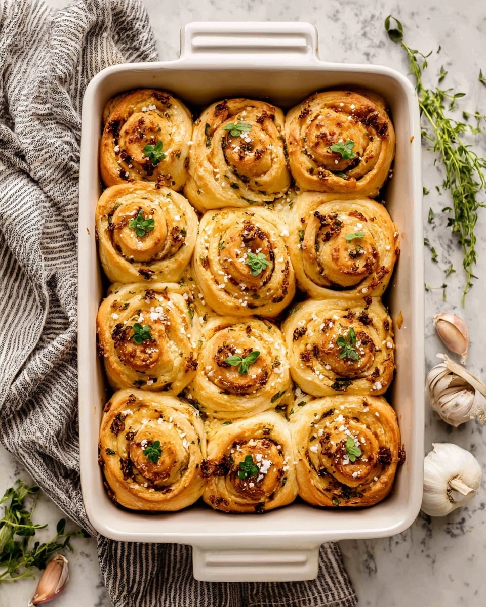 The image shows a white rectangular ceramic dish filled with twelve golden-brown baked rolls arranged in a 3 by 4 grid. Each roll has multiple spiral layers of soft dough with visible bits of herbs and melted cheese baked inside. The tops of the rolls are slightly browned and sprinkled with coarse salt and small green herb leaves. The dish is set on a white marbled surface with a striped cloth napkin partly visible on the left side and some herbs, garlic, and salt scattered around. Photo taken with an iphone --ar 4:5 --v 7
