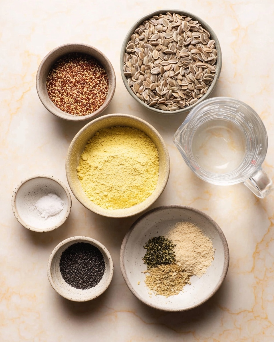 A top view of six small bowls arranged on a white marbled surface, each filled with different ingredients. The center bowl has a light yellow powder with a fine texture. Above it is a bowl with light brown sunflower seeds. To the top left, a bowl contains a brown coarse seed mix, and to the bottom left, a small white bowl holds tiny black chia seeds. To the bottom right, a bowl has a mix of black and tan sesame seeds. The bottom center bowl has three layers: a yellow powder covering most of the bowl, a small pile of green herbs on one side, and a tiny white salt pile next to the herbs. To the far right, a clear plastic measuring jug filled with water is visible. photo taken with an iphone --ar 4:5 --v 7