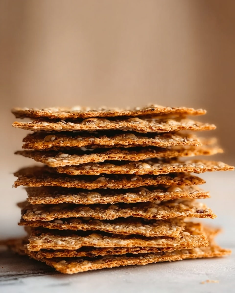 The image shows a stack of seven thin crispy crackers, each with a rough, bumpy texture and light brown color with small seeds visible inside. The crackers are neatly piled one on top of another on a white marbled surface. The background is soft and blurred with warm light giving a cozy feel. The photo is sharp in the front and slowly fades out in the back, focusing on the details of the crackers. photo taken with an iphone --ar 4:5 --v 7